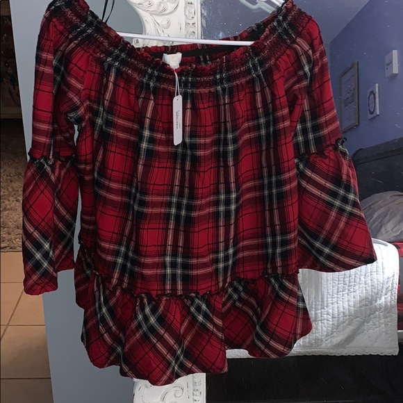 Tops - Red/Black Flannel Off the Shoulder Top